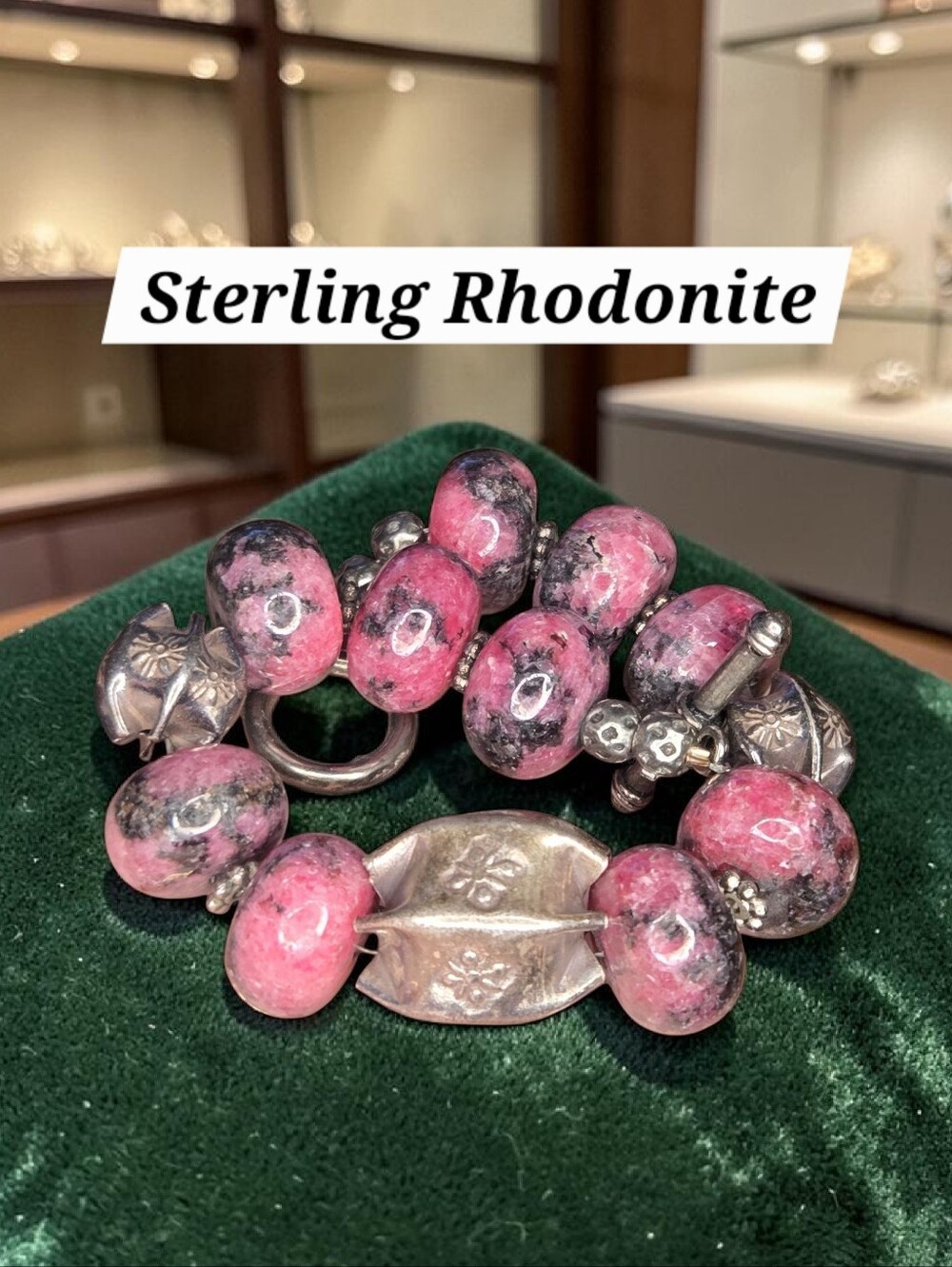 Vintage Artisan Sterling Silver Rhodonite Rondelle Bead Toggle Bracelet